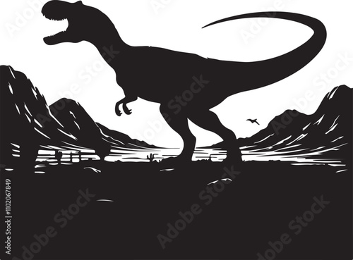 Vector art of silhouette of a tyrannosaurus rex roaring in a prehistoric landscape with mountains and a flying reptile