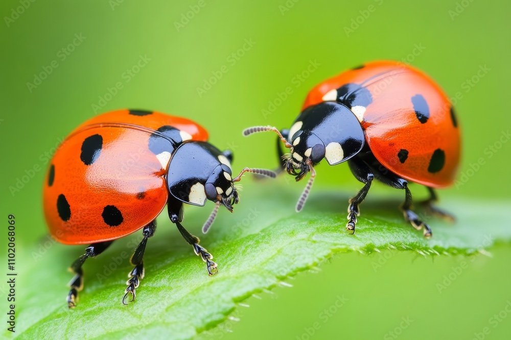 Fototapeta premium Two Vibrant Ladybugs Facing Each Other on Leaf, Representing Nature and Biodiversity in Macro Photography