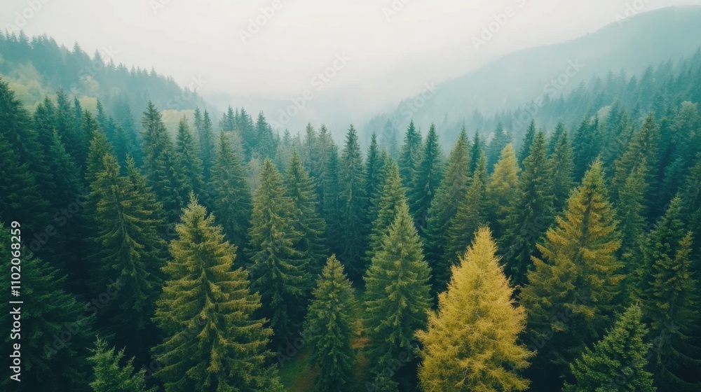 Obraz premium Aerial view of a lush evergreen forest with misty mountains in the background, showcasing varying shades of green and a hint of yellow foliage.