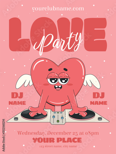 Valentines day party flyer or invitation template. Retro poster. Cute groovy heart character as a DJ.
