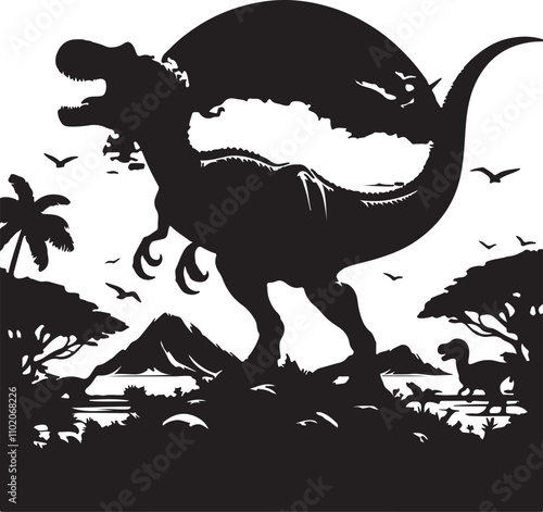 Vector art of silhouette of a tyrannosaurus rex in a prehistoric landscape with palm trees, mountains, and birds
