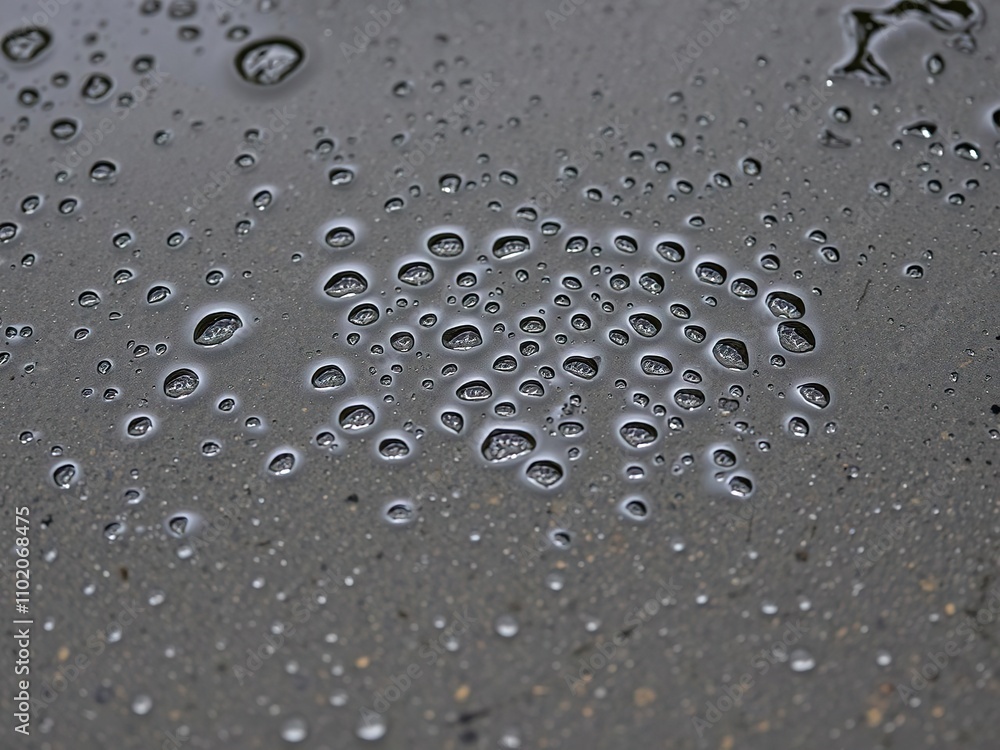 A crown of water droplets forms on the surface of a puddle after a rain shower, liquid, outdoors A crown of water droplets forms on the surface of a puddle after a rain shower, liquid, outdoors