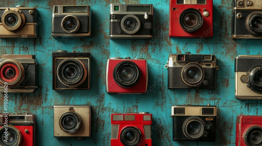 Obraz premium Vintage cameras arranged on a distressed turquoise background