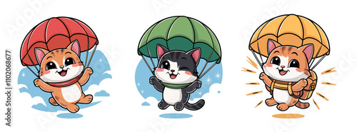 A set of vector illustrations of a cute cartoon cat with a parachute