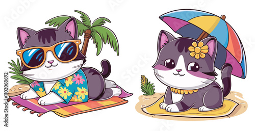 Cat chilling on a beach in summer season, Vector illustration set