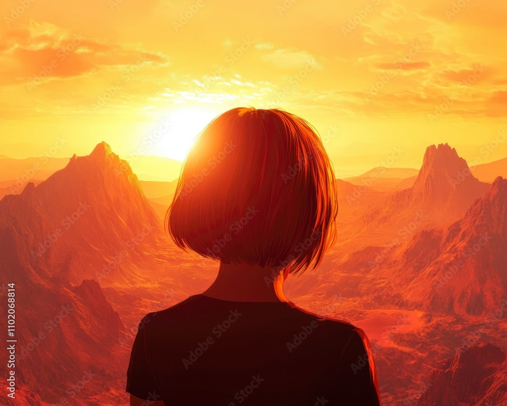 A girl is looking at the sun as it sets behind the mountains A girl is looking at the sun as it sets behind the mountains
