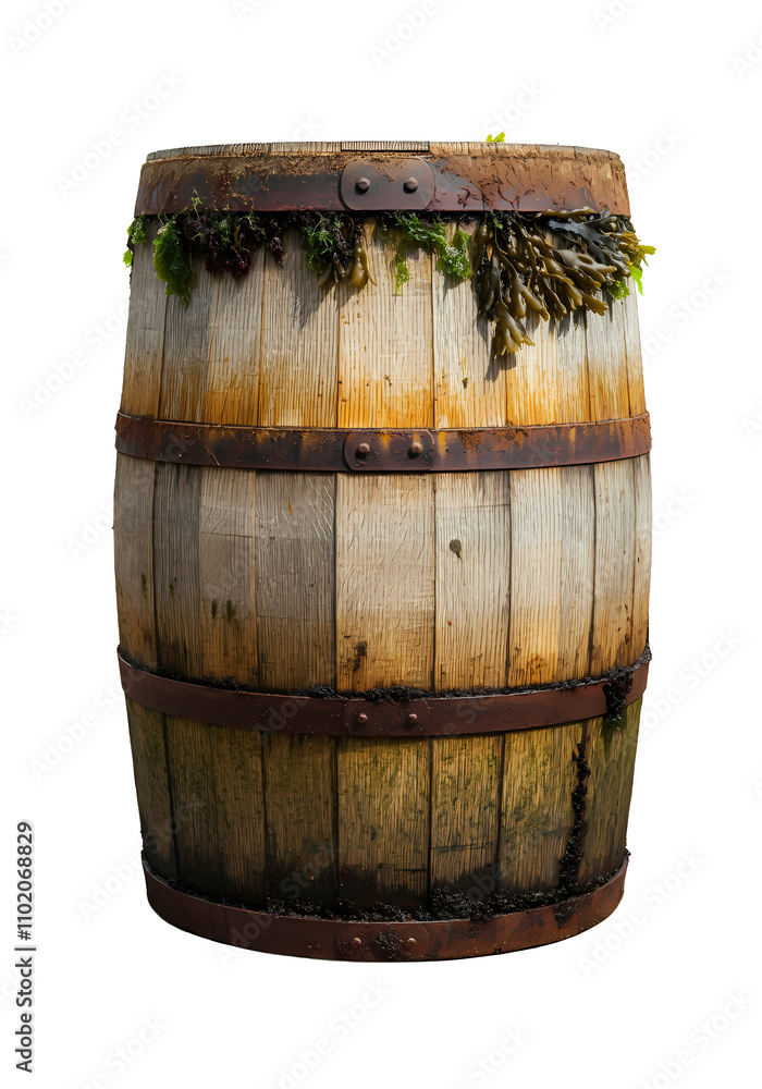 Obraz premium Seaweed Wooden Barrel, Wood & Wet, Isolated Transparent Png Graphic Resouce