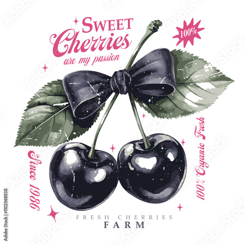 vector image of cherries written cherry sweet moment print style. Vector for silkscreen, dtg, dtf, t-shirts, signs, banners, Subimation Jobs or for any application. vintage graphics print art,