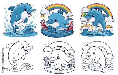 dolphin captured mid-air, leaping joyfully with sparkling water splashes vector illustration set