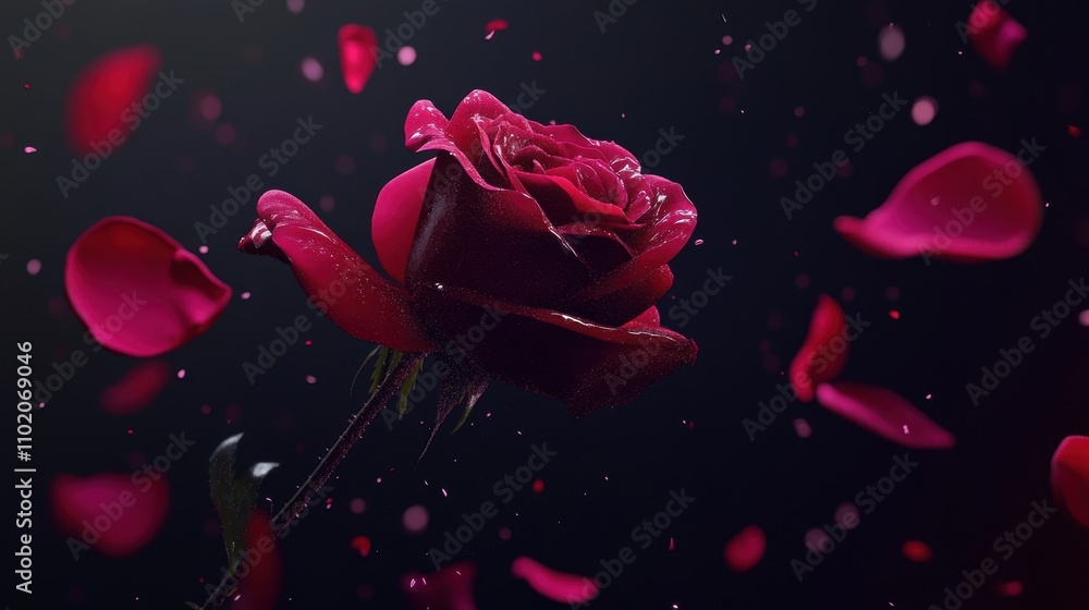 Beautiful Red Rose Surrounded by Falling Petals on Dark Background Beautiful Red Rose Surrounded by Falling Petals on Dark Background