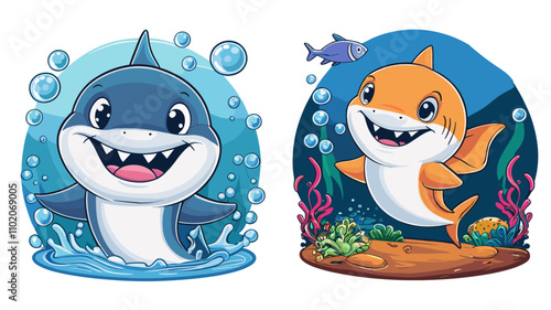 set of cute baby sharks vector illustrations