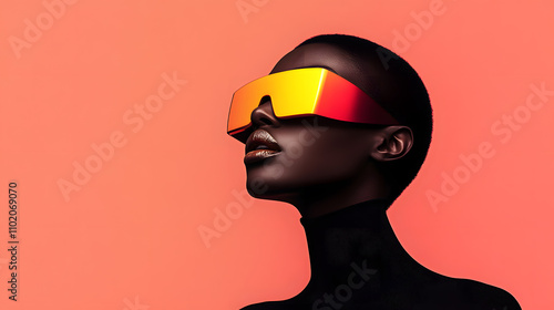 Dark-Skin Woman Wearing Yellow Sunglasses – Stylish and Bold Fashion Statement with a Futuristic Touch