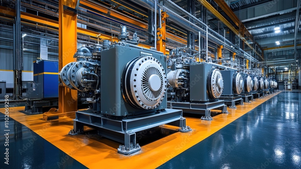 Fototapeta premium A row of large gas compressor units at an industrial facility