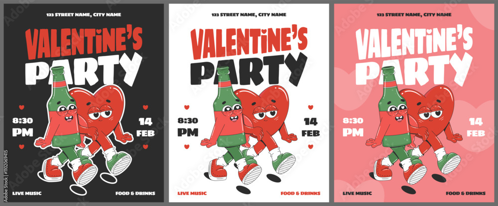 Valentines Day party invitation collection with groovy cartoon characters. Design for flyer, poster, banner or greeting card. Love concept illustration. Valentines Day party invitation collection with groovy cartoon characters. Design for flyer, poster, banner or greeting card. Love concept illustration.