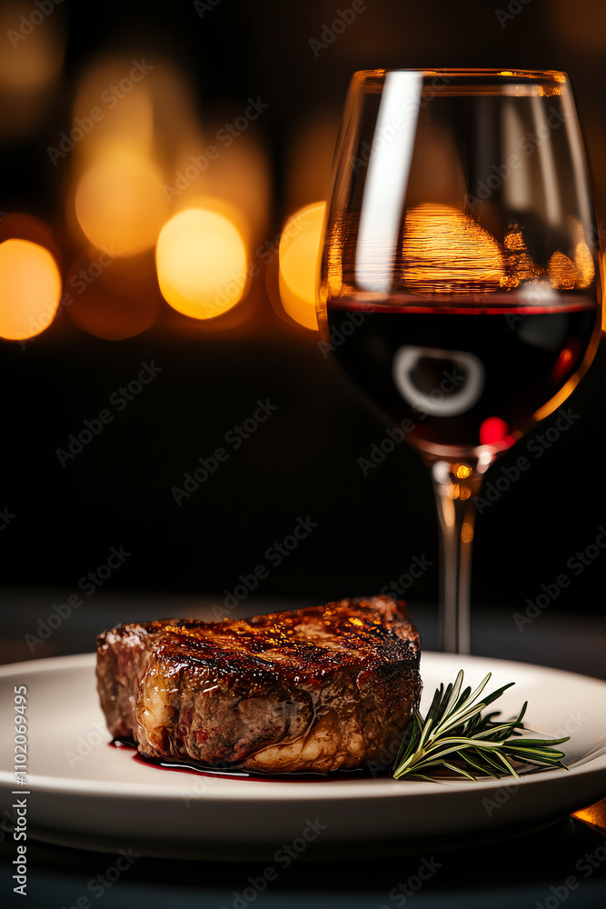 Perfectly cooked medium rare steak plated elegantly, wine glass reflecting soft light, luxury background, ultrarealistic Perfectly cooked medium rare steak plated elegantly, wine glass reflecting soft light, luxury background, ultrarealistic