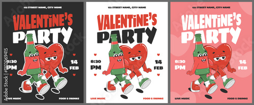 Valentines Day party invitation collection with groovy cartoon characters. Design for flyer, poster, banner or greeting card. Love concept illustration.