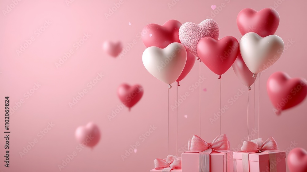 Valentines day concept 3D heart shaped balloons flying with gift boxes on pink background Valentines day concept 3D heart shaped balloons flying with gift boxes on pink background