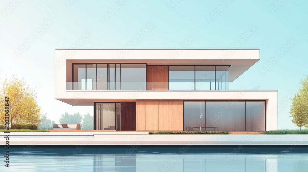 Modern architectural design with large windows and sleek lines by the water Modern architectural design with large windows and sleek lines by the water