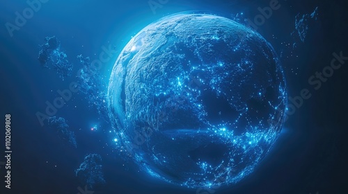 Networked planet with light nodes connecting continents, soft blue tones, neon light effects, stylized realism, aerial perspective  photo