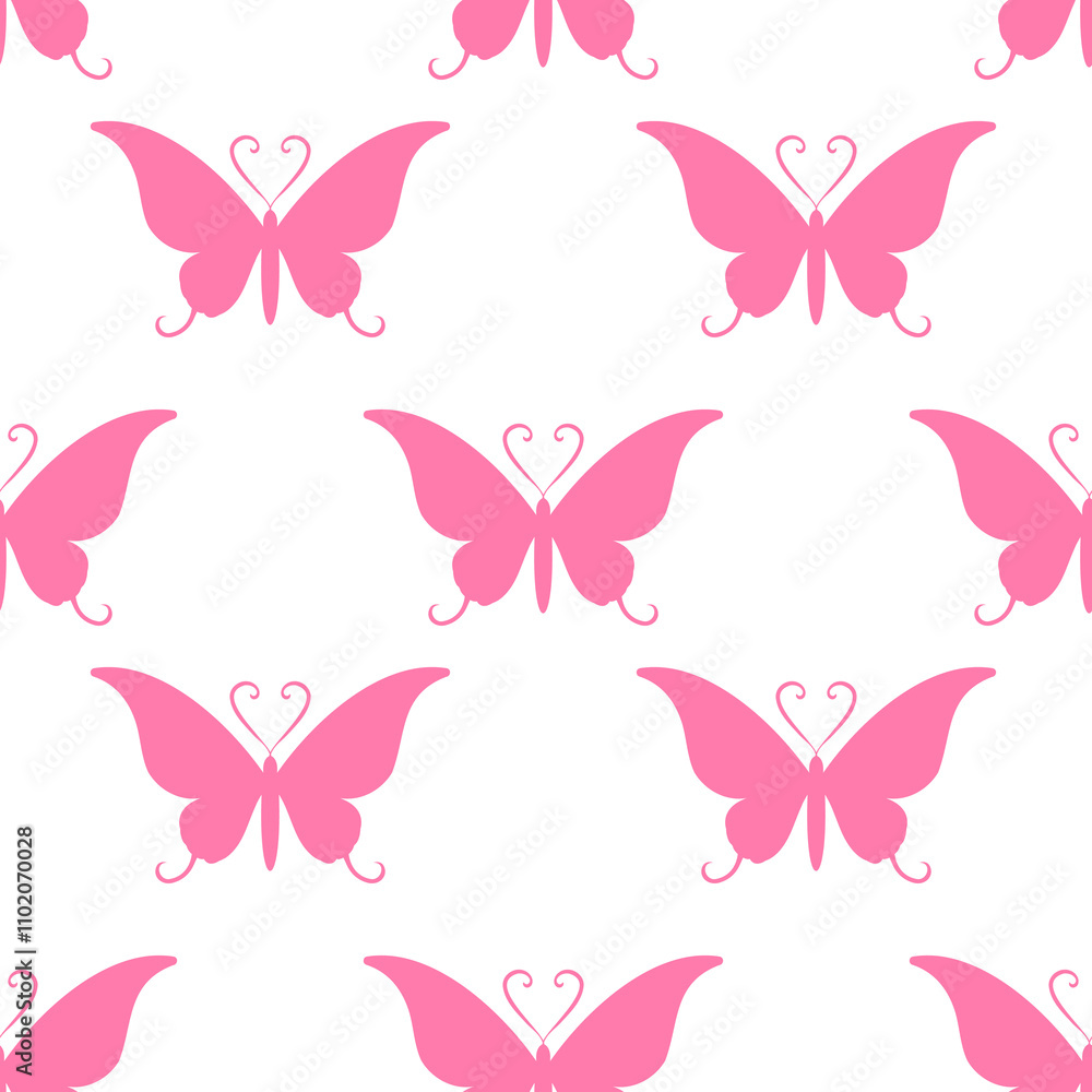 Pattern of pink butterflies with heart-shaped antennae and curled wings on a black background.
Pattern of pink butterflies with heart-shaped antennae and curled wings on a black background.