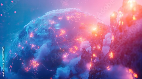 Networked planet with light nodes connecting continents, soft blue tones, neon light effects, stylized realism, aerial perspective  photo