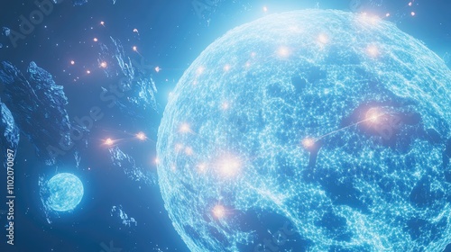 Networked planet with light nodes connecting continents, soft blue tones, neon light effects, stylized realism, aerial perspective  photo