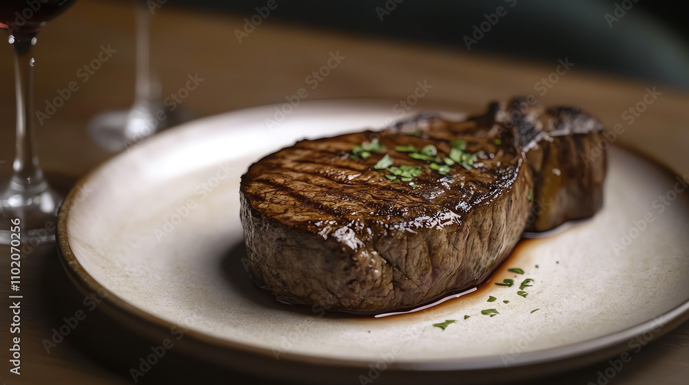 Medium rare steak resting on a premium ceramic plate with wine glass beside, sophisticated ambiance, ultrarealistic Medium rare steak resting on a premium ceramic plate with wine glass beside, sophisticated ambiance, ultrarealistic