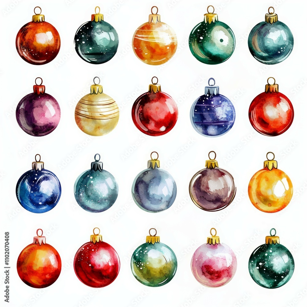 Set of watercolor Christmas balls on white background Set of watercolor Christmas balls on white background