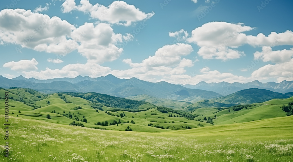 Serene Mountain Landscape with Lush Green Fields Serene Mountain Landscape with Lush Green Fields