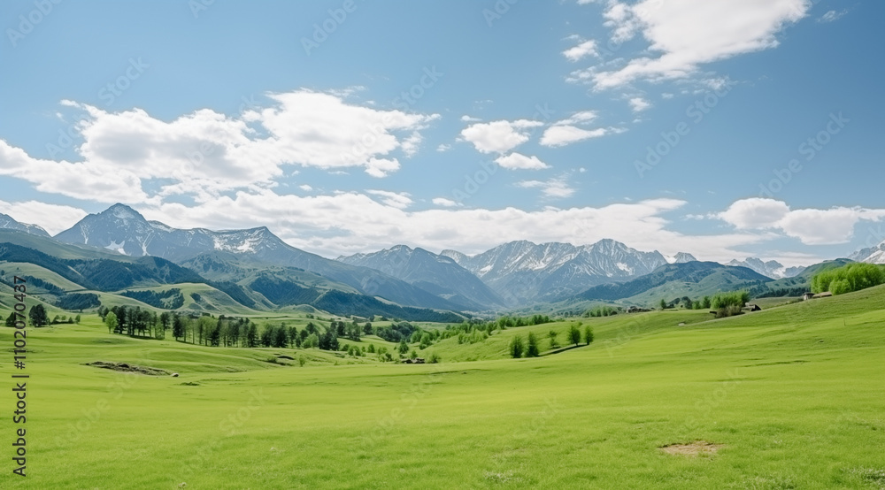Serene Mountain Landscape with Lush Green Fields Serene Mountain Landscape with Lush Green Fields