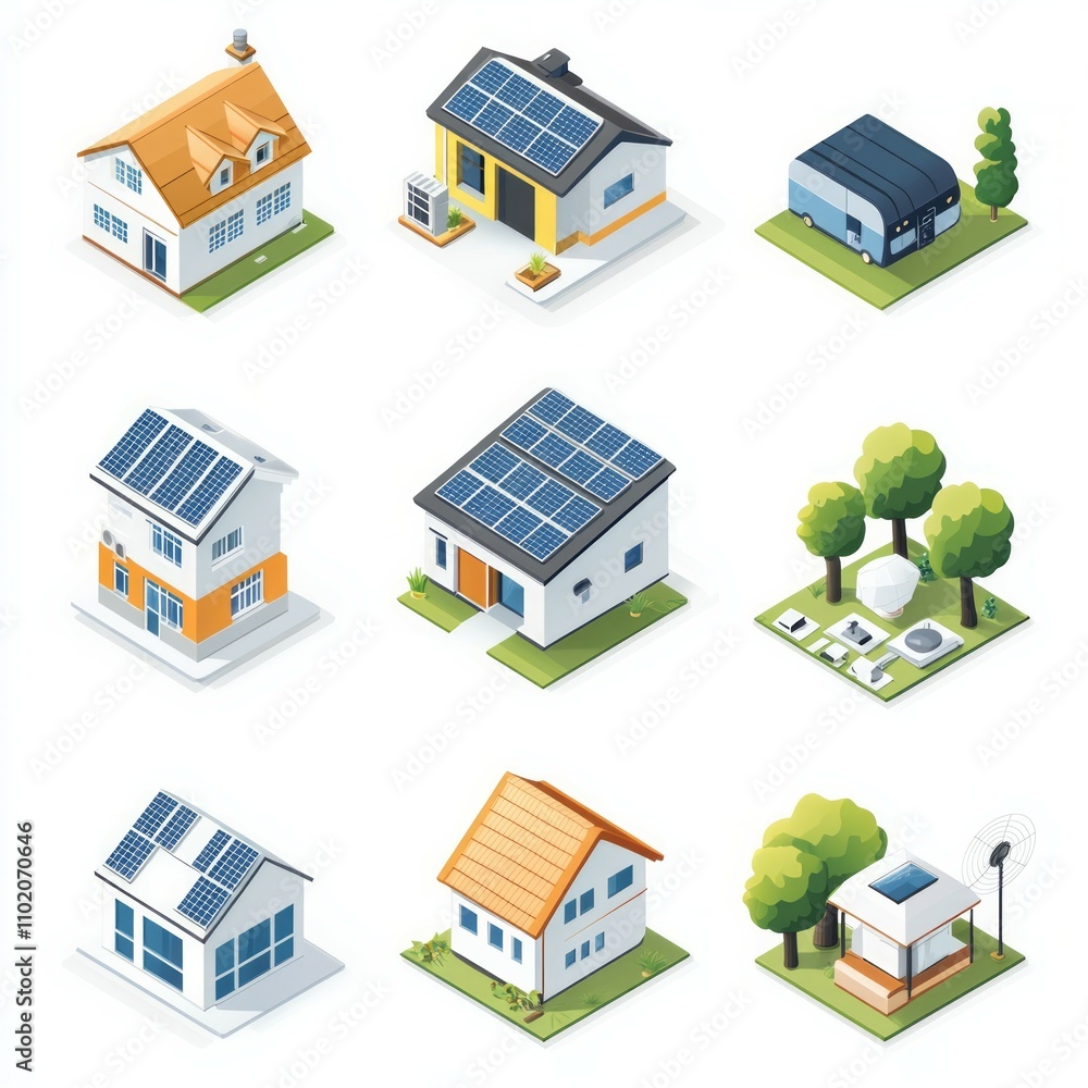Energy efficiency isometric icon set on white background Energy efficiency isometric icon set on white background
