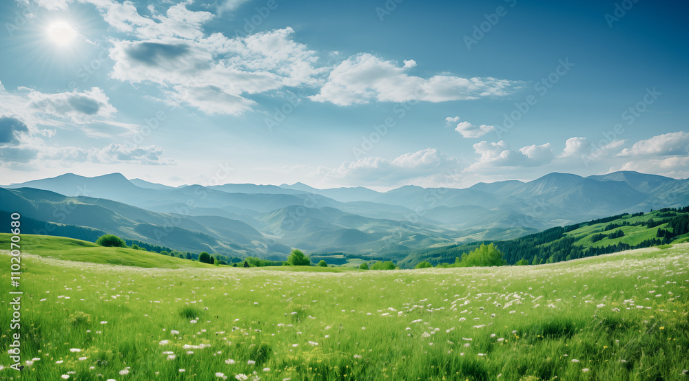 Fototapeta premium Serene Mountain Landscape with Lush Green Fields