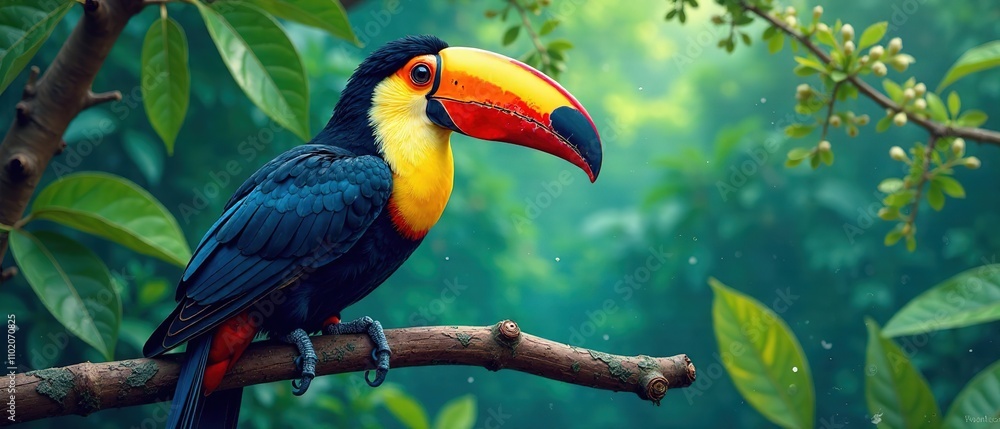 Fototapeta premium Tropical Toucan Illustration, Exotic Bird on Branch, T-Shirt Design