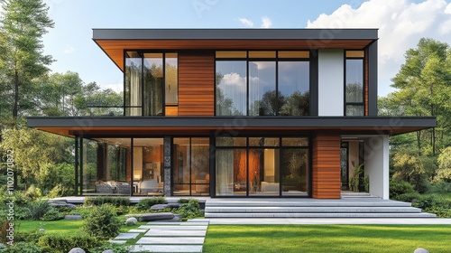 Modern house design in a natural setting with large windows and a minimalist style