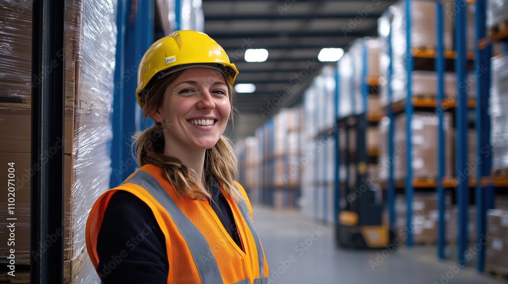 A smiling warehouse worker in an orange vest and yellow helmet is loading pallets with goods on the forklift, standing at attention near rustling shelves in a large warehouse A smiling warehouse worker in an orange vest and yellow helmet is loading pallets with goods on the forklift, standing at attention near rustling shelves in a large warehouse