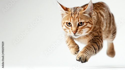 Wild cat running, white isolated background.