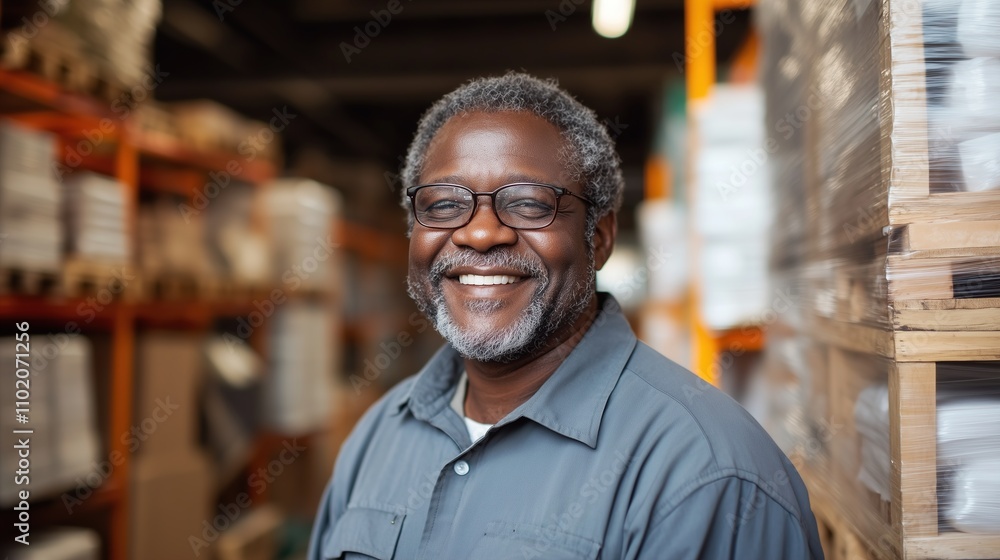 Photo of a happy Black worker in a warehouse with a touch of color, warehouse background, warehouse, pallets, and shelves full of goods Photo of a happy Black worker in a warehouse with a touch of color, warehouse background, warehouse, pallets, and shelves full of goods