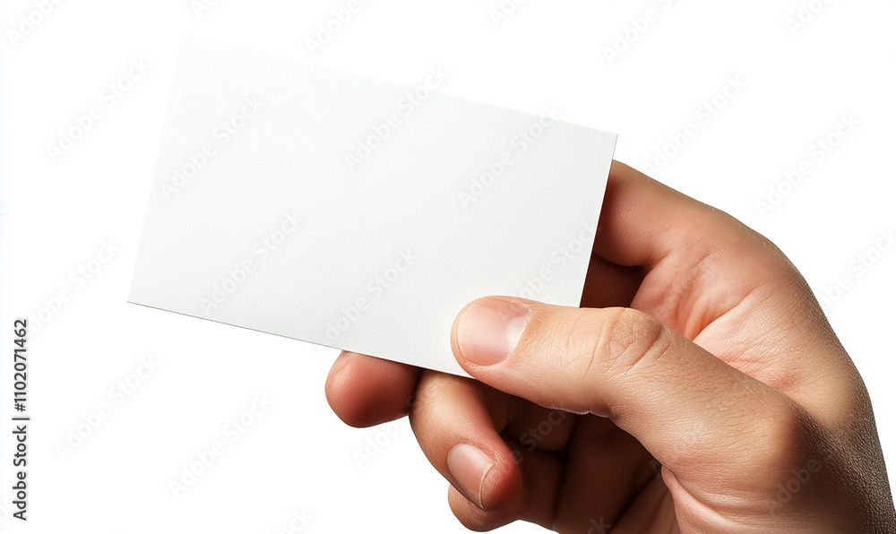 Close-up of a hand holding a blank business card on a white background Close-up of a hand holding a blank business card on a white background