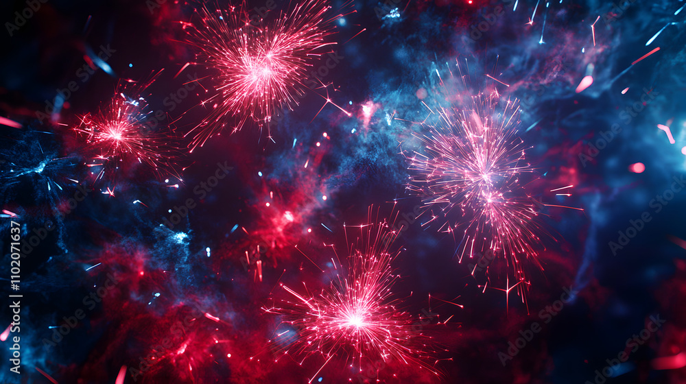 Fototapeta premium Fireworks Border for Fourth of July with Red and Blue Stars and Sparks Independence Day Celebration in the United States.