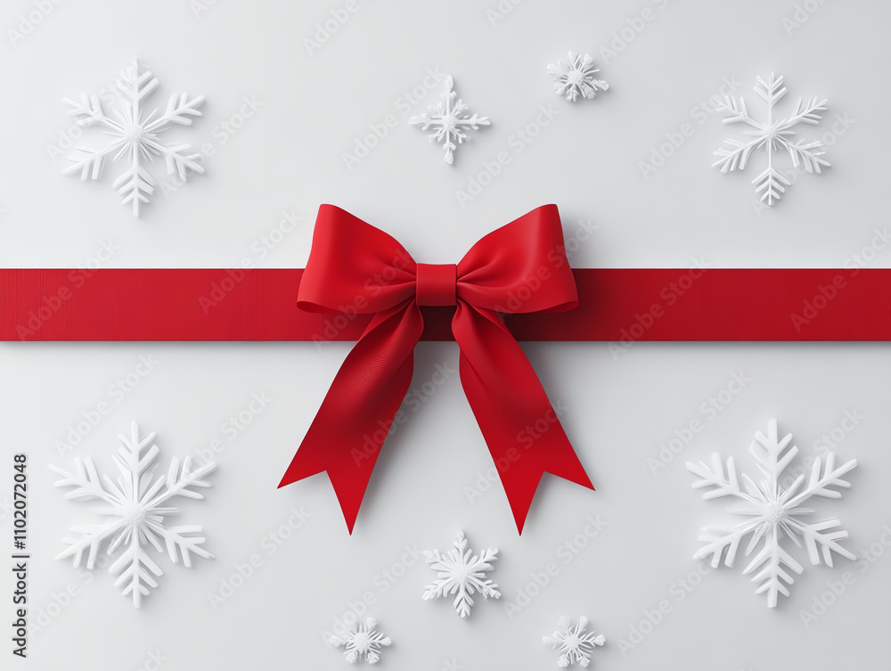 Red bow with white snowflakes on white. Red bow with white snowflakes on white.