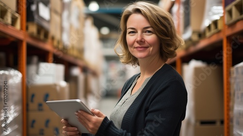 A female manager is searching on a shelf to find a product in the storage room. A female company owner is balancing the production of boxes for a staff work day