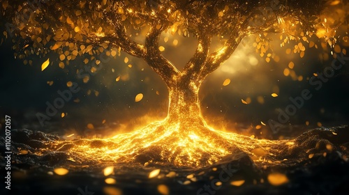 Luminous enchanted tree with golden leaves.