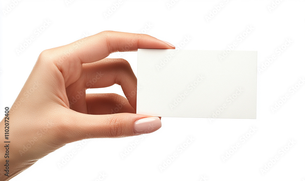 Close-up of a hand holding a blank business card on a white background Close-up of a hand holding a blank business card on a white background