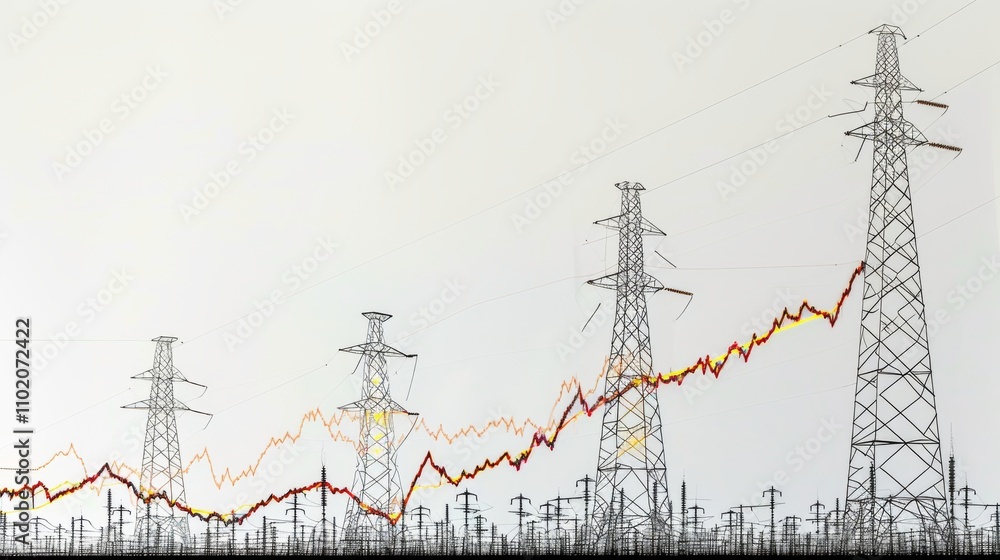 A series of power transmission towers are juxtaposed with rising energy charts, highlighting electricity demand or cost. The graph lines overlay the towers, representing fluctuating market trends and