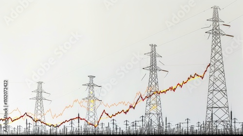 Obraz na płótnie A series of power transmission towers are juxtaposed with rising energy charts, highlighting electricity demand or cost. The graph lines overlay the towers, representing fluctuating market trends and w salonie
