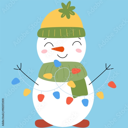 Christmas cute snowmen in hat and scarf with garland. New year illustration