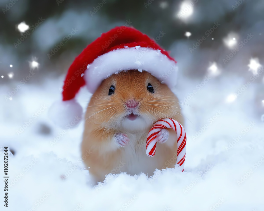 Cute hamster in snow with Santa hat and candy cane. Cute hamster in snow with Santa hat and candy cane.