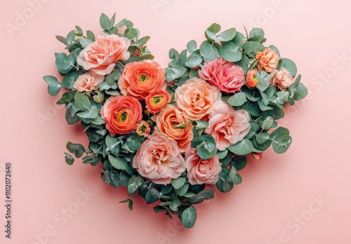 Beautiful Heart-Shaped Arrangement of Pink and Peach Roses with Fresh Green Eucalyptus on Soft Pink Background for Romantic Occasions and Celebrations