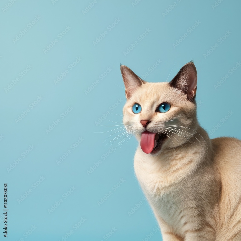 Funny Siamese cat with pink tongue against blue background Funny Siamese cat with pink tongue against blue background