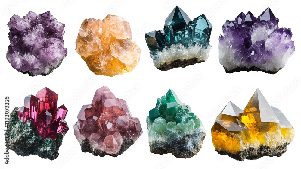 Set of colorful gemstone clusters isolated on transparent background Set of colorful gemstone clusters isolated on transparent background